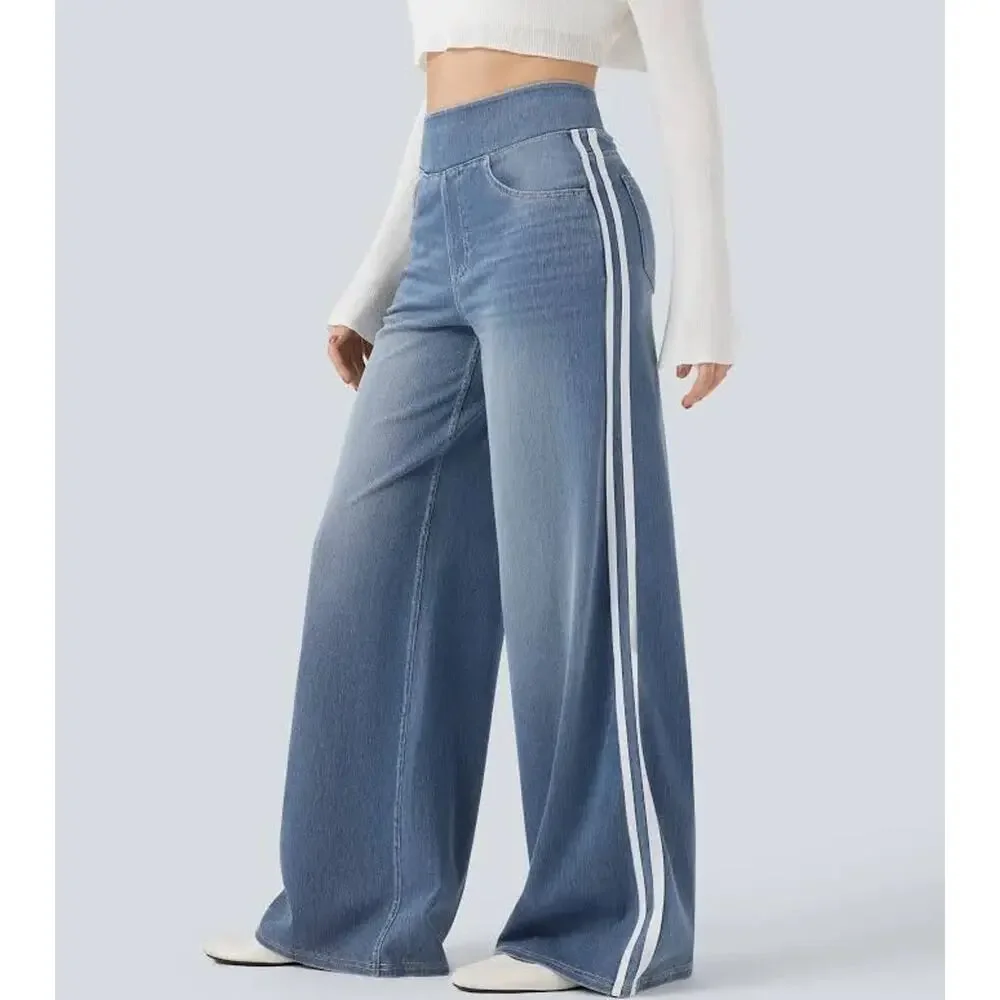 Halara Flex High Waisted Stripe Wide Leg Jeans Light Blue Wash M Regular
